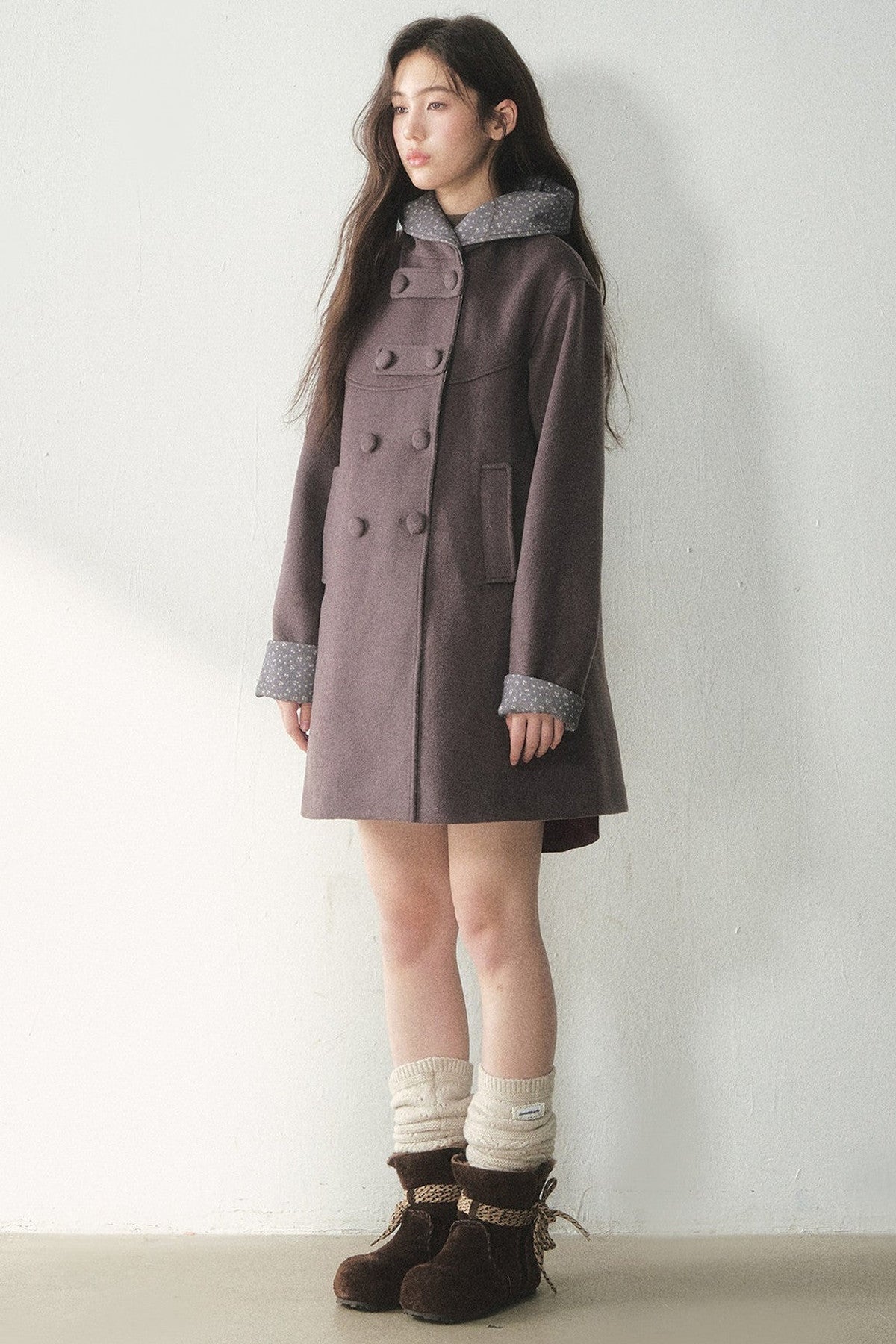 Double-Breasted Woolen Hooded Coat