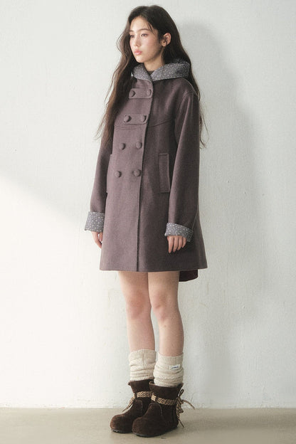 Double-Breasted Woolen Hooded Coat