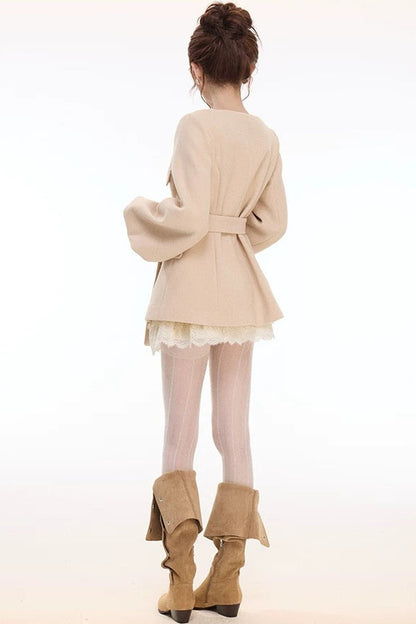 Lantern Sleeve Wool Coat & Lace Tiered Skirt Set-Up