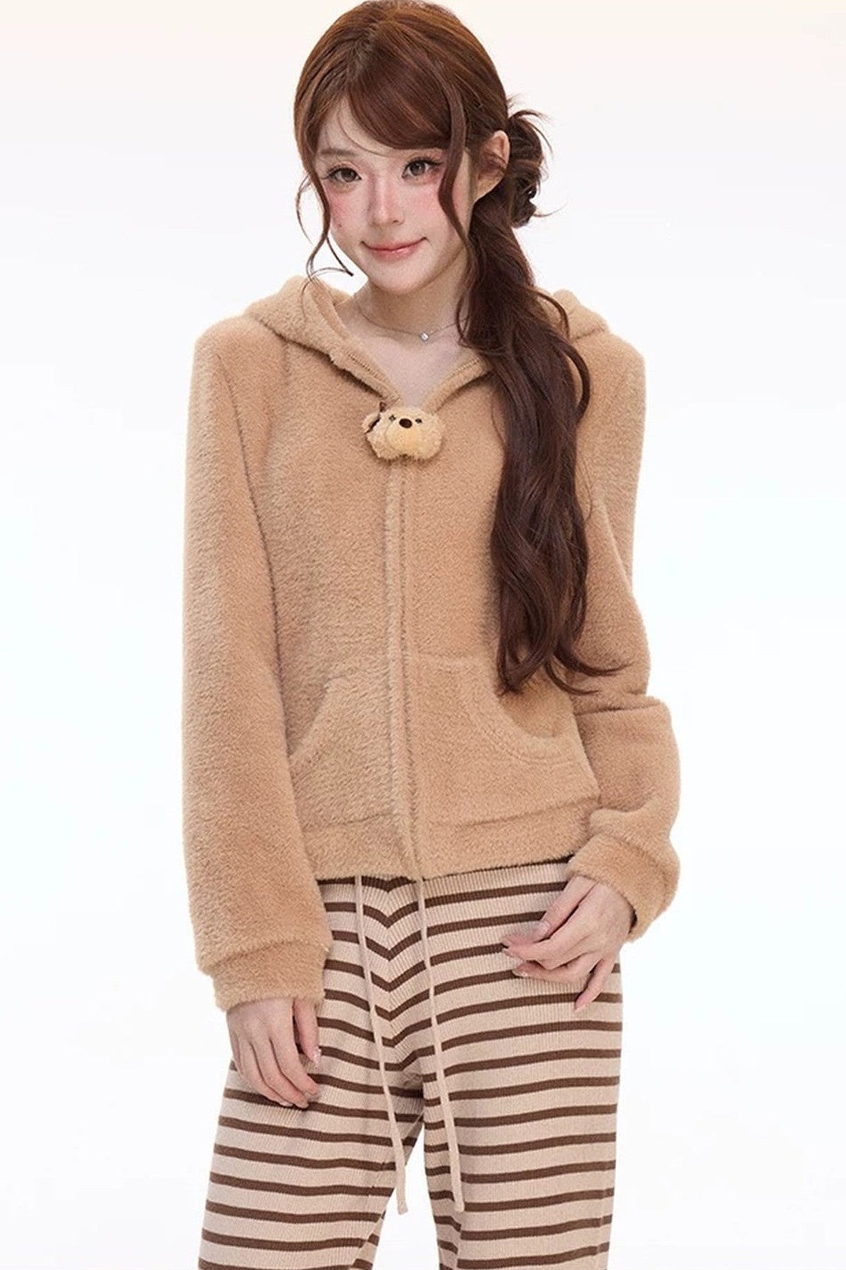 Teddy Bear Hooded Jacket and Striped Knit Pants Set-Up