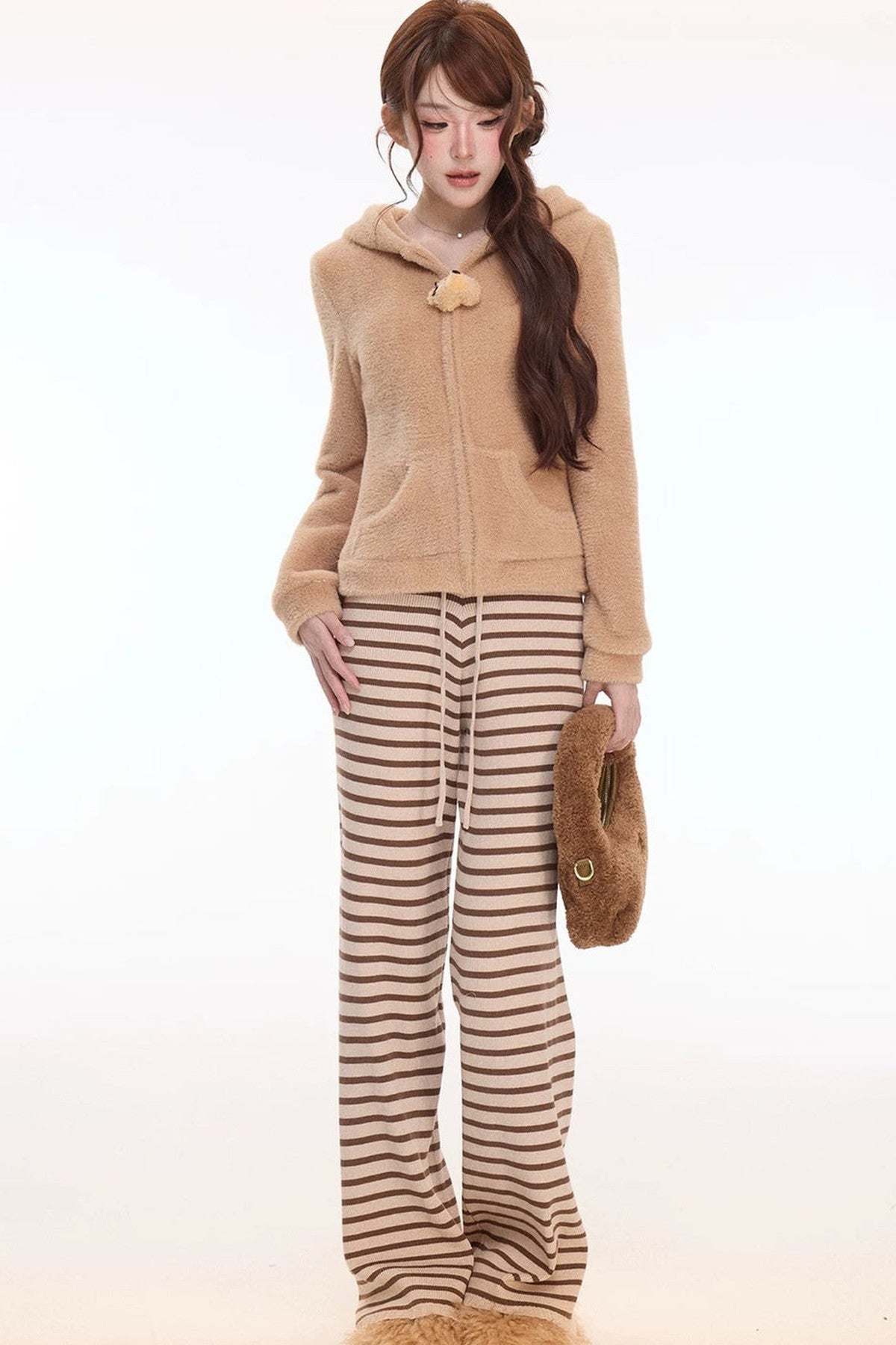 Teddy Bear Hooded Jacket and Striped Knit Pants Set-Up