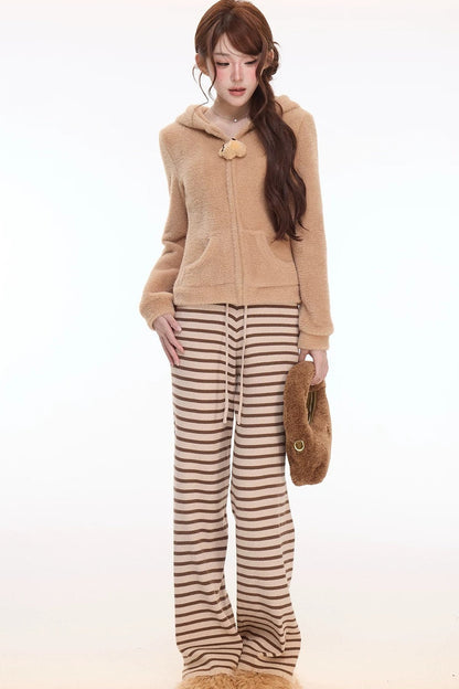 Teddy Bear Hooded Jacket and Striped Knit Pants Set-Up