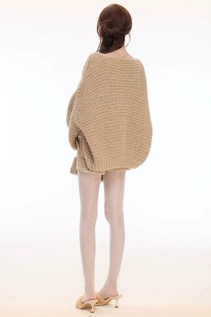 Chunky Knit Cardigan With Lace Top and Pants Set-Up