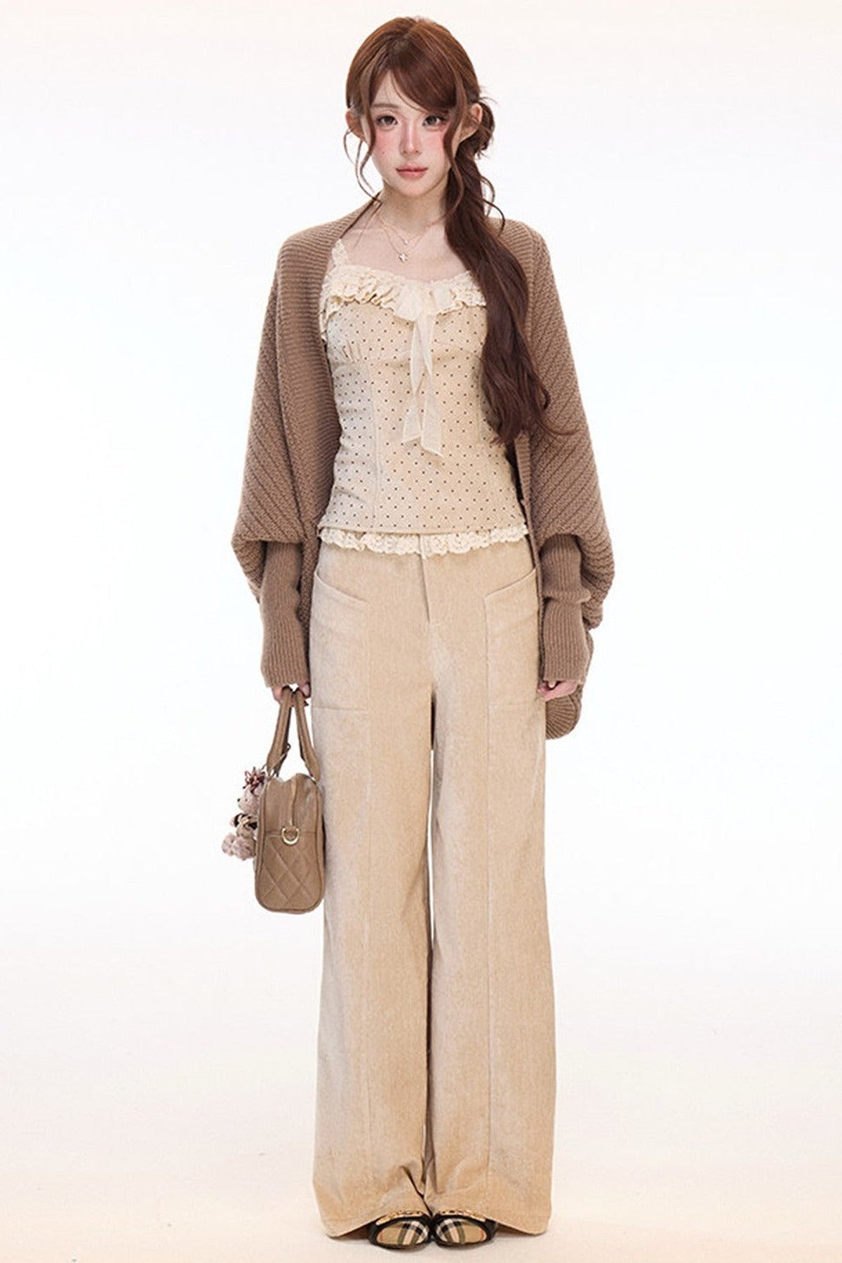 Polka Dot Lace Cami and Knitwear With Pants Set-Up