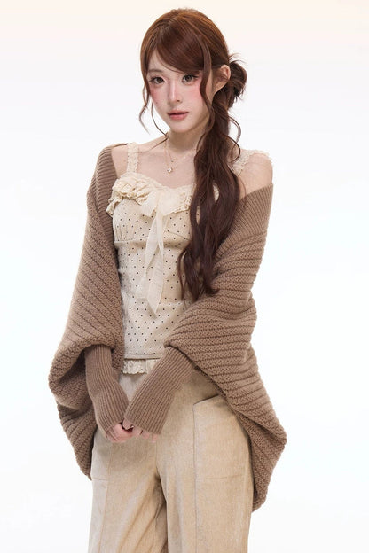 Polka Dot Lace Cami and Knitwear With Pants Set-Up