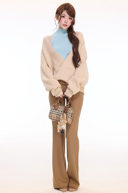 Knit Cardigan Vest Flared Pants Set-Up