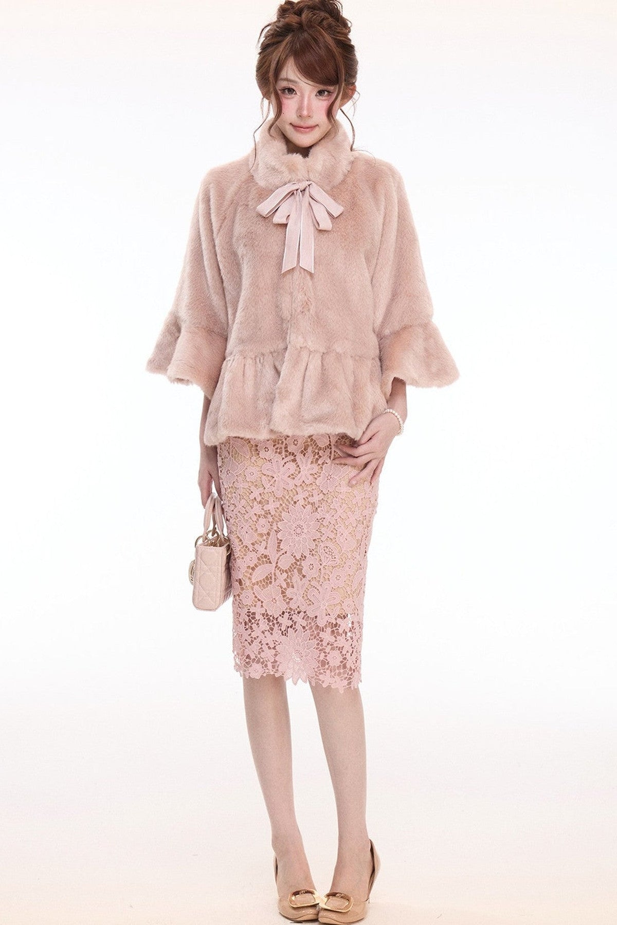 Pink Stand Collar Bow Fur Cape Coat and Midi Skirt Set-Up