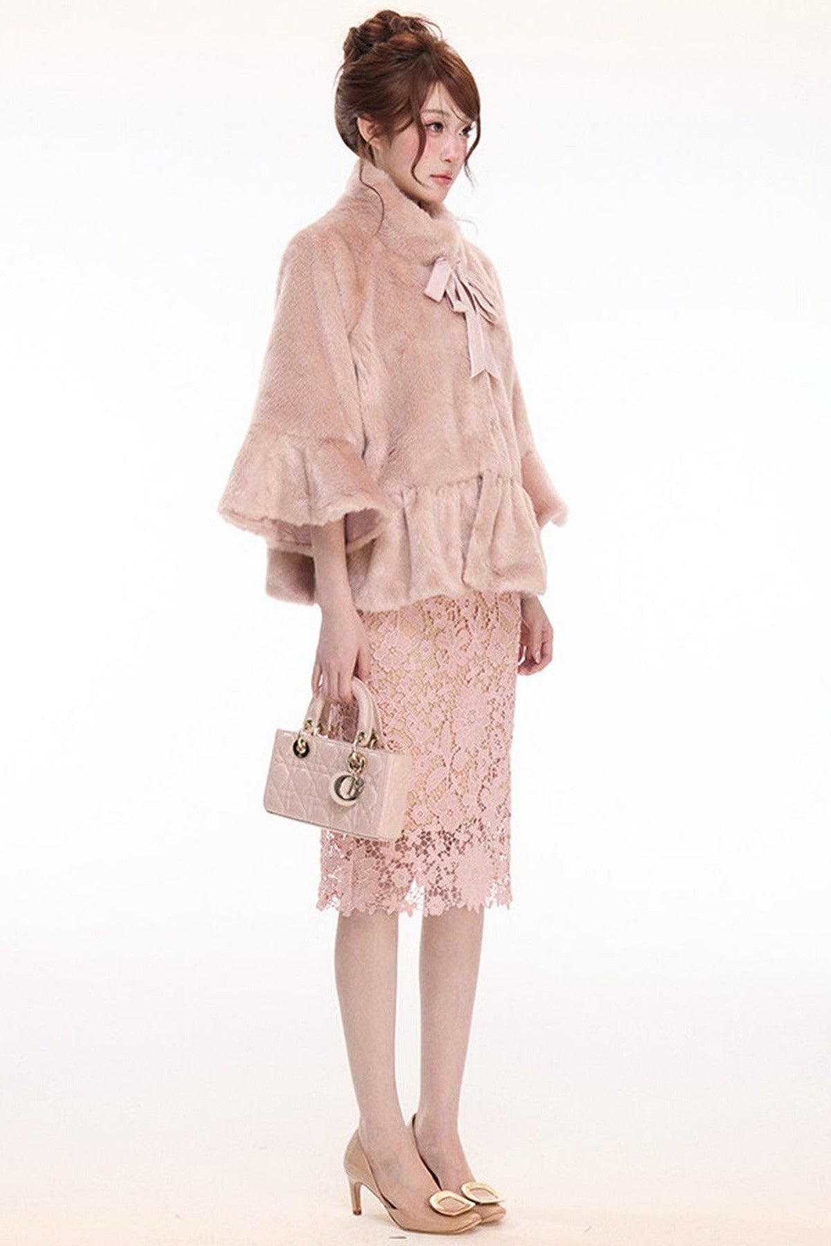 Pink Stand Collar Bow Fur Cape Coat and Midi Skirt Set-Up