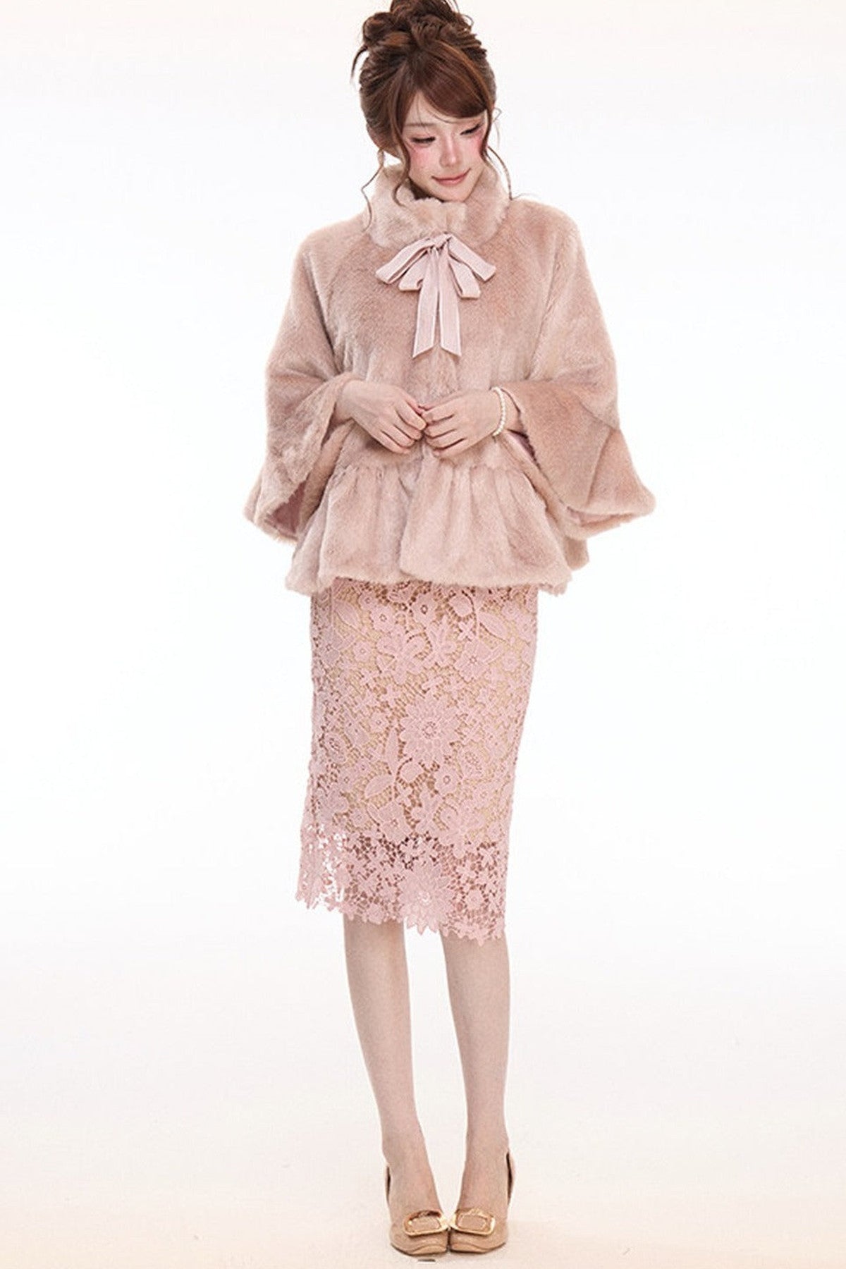 Pink Stand Collar Bow Fur Cape Coat and Midi Skirt Set-Up