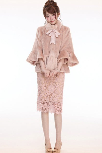 Pink Stand Collar Bow Fur Cape Coat and Midi Skirt Set-Up