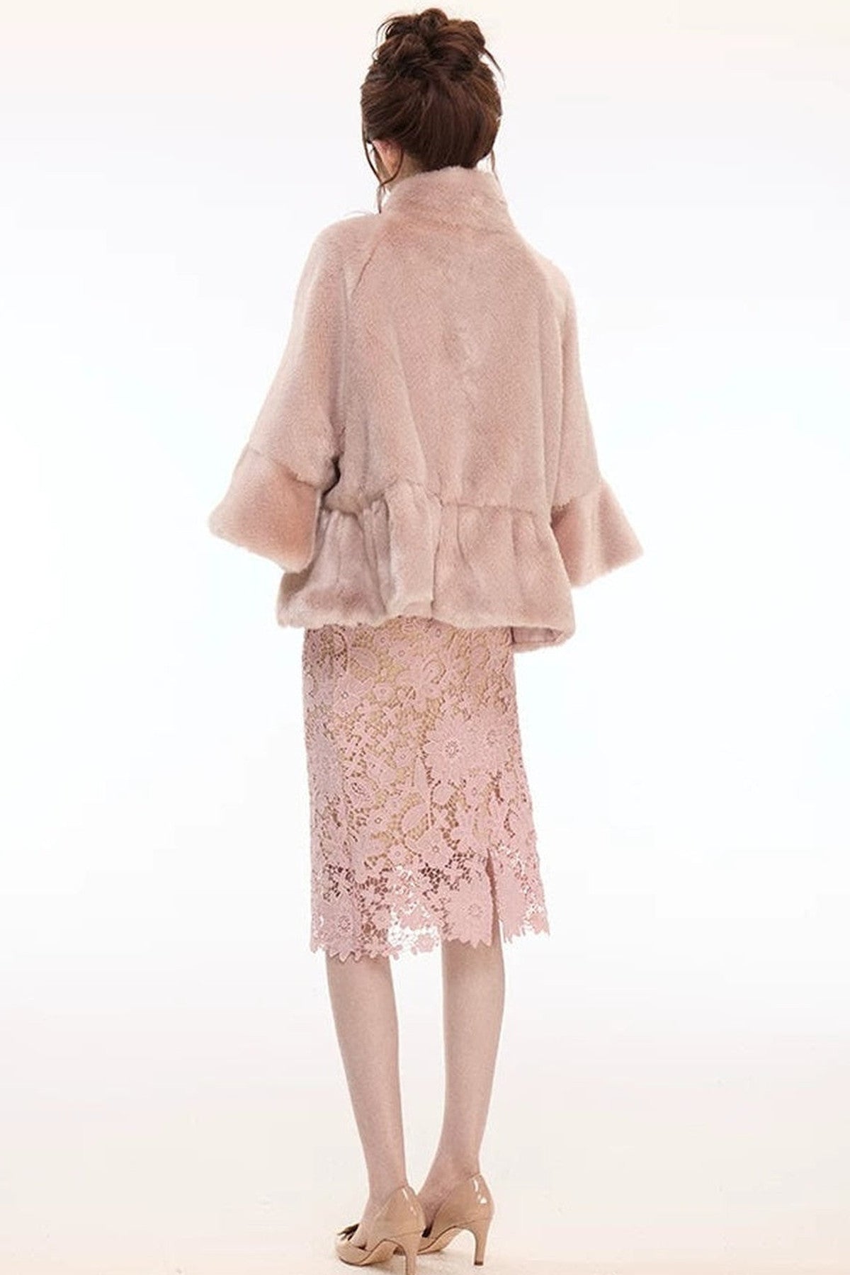 Pink Stand Collar Bow Fur Cape Coat and Midi Skirt Set-Up