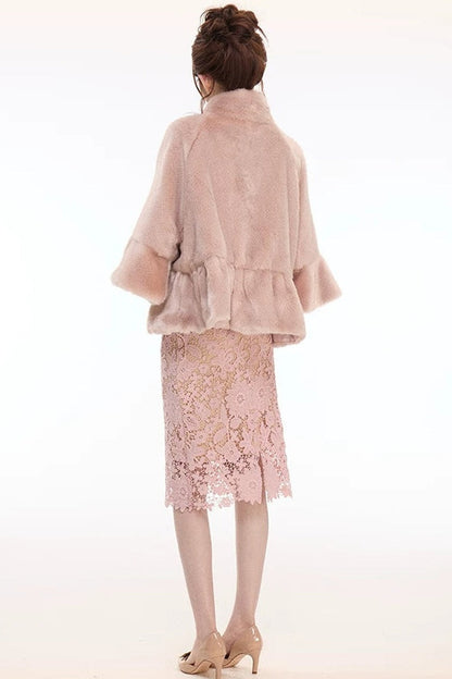 Pink Stand Collar Bow Fur Cape Coat and Midi Skirt Set-Up