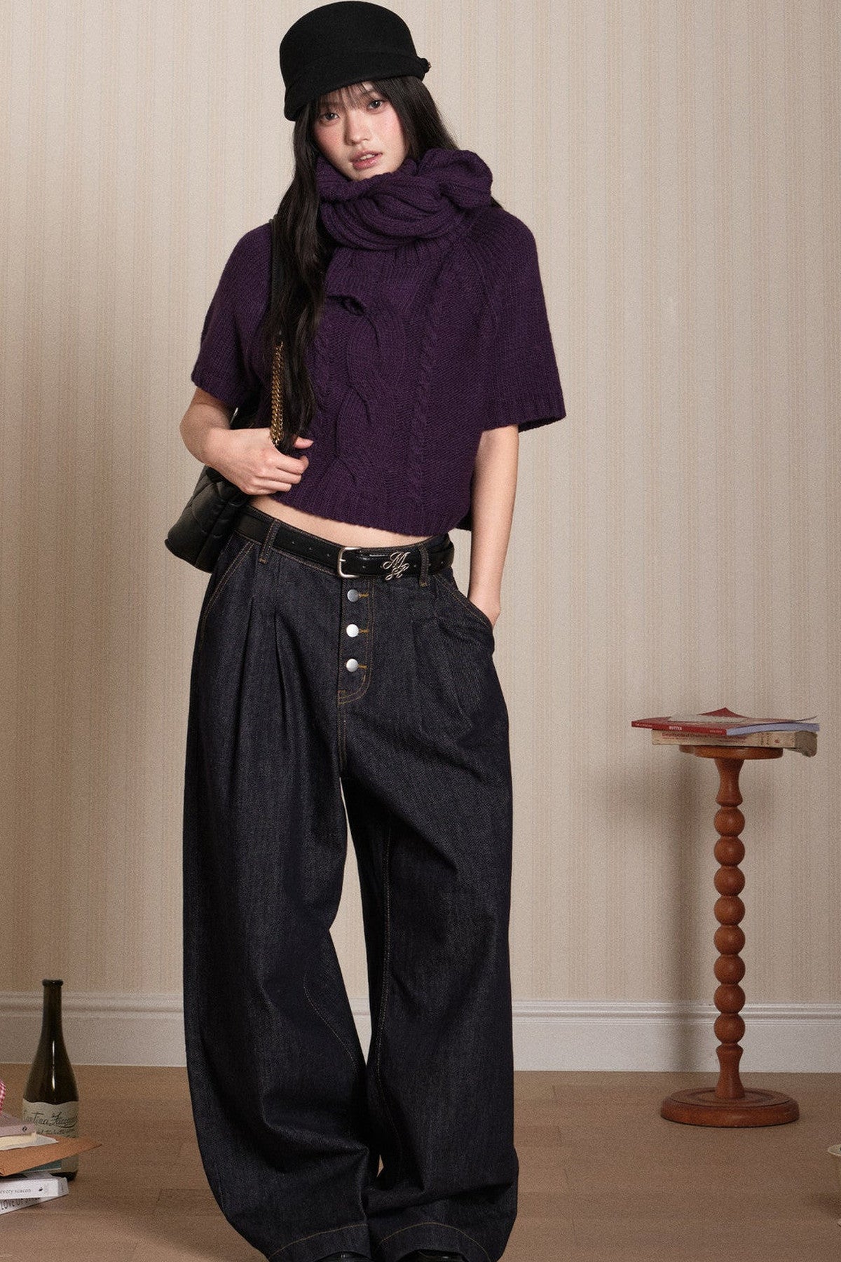 Short Sleeve Scarf Layered Knit Sweater