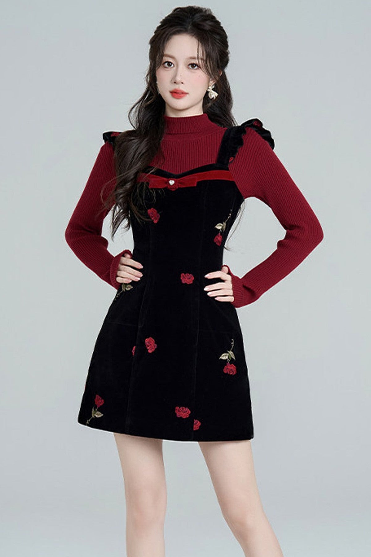 Rose Velvet Strap Dress Set-Up