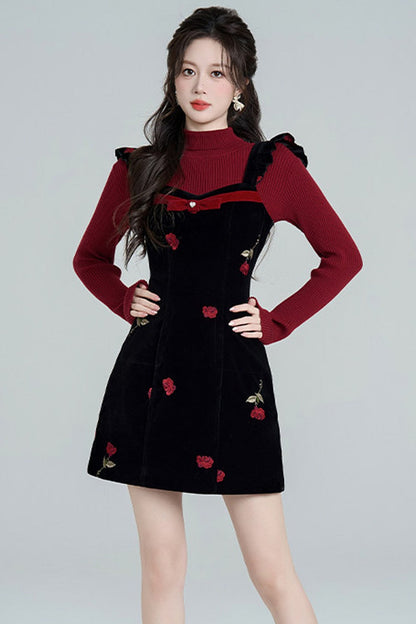 Rose Velvet Strap Dress Set-Up