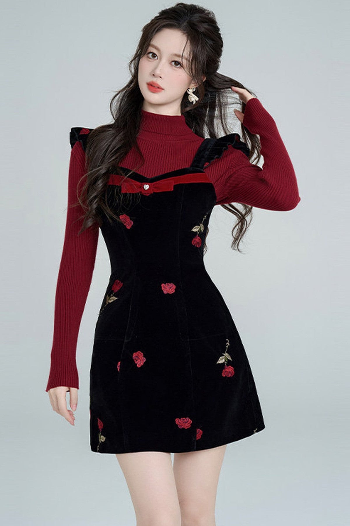 Rose Velvet Strap Dress Set-Up