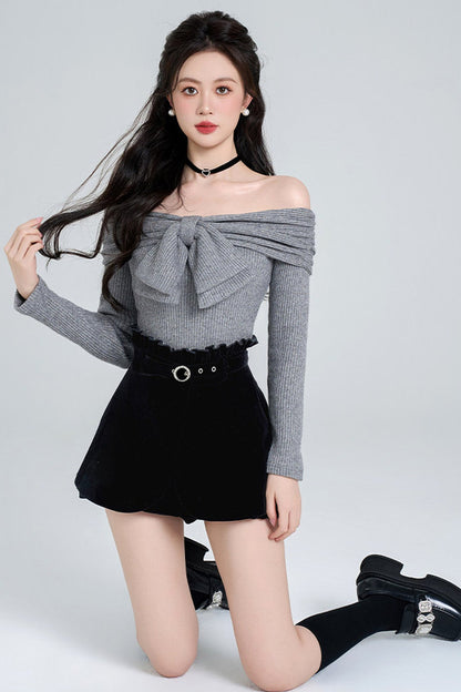 Off-Shoulder Bow Knit Pullover