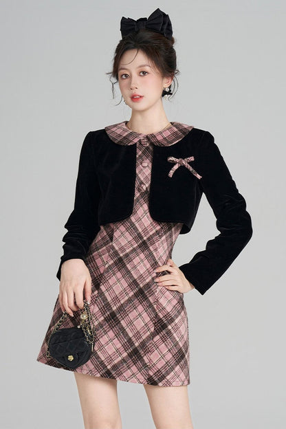 Layered-Look A-Line Plaid Dress