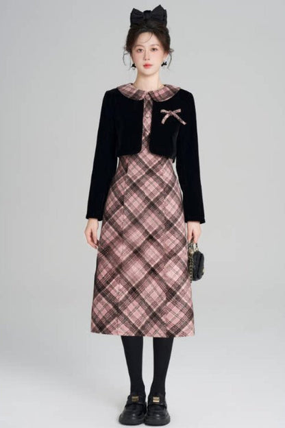 Layered-Look A-Line Plaid Dress