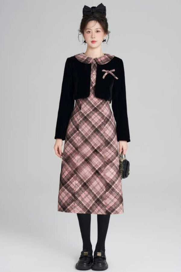 Layered-Look A-Line Plaid Dress