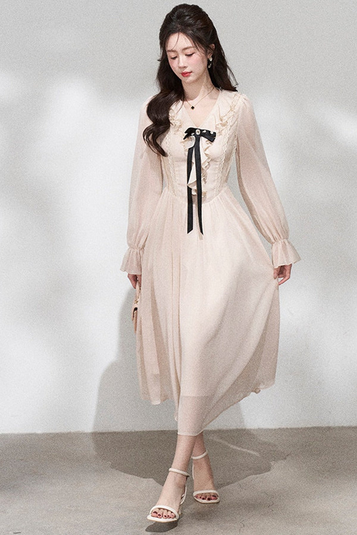 Ruffled V-Neck Long Dress