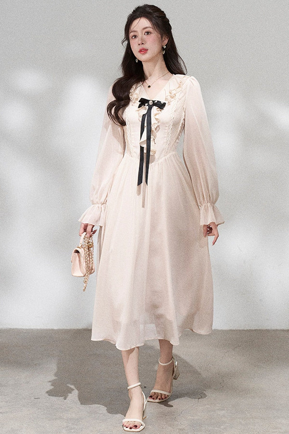 Ruffled V-Neck Long Dress