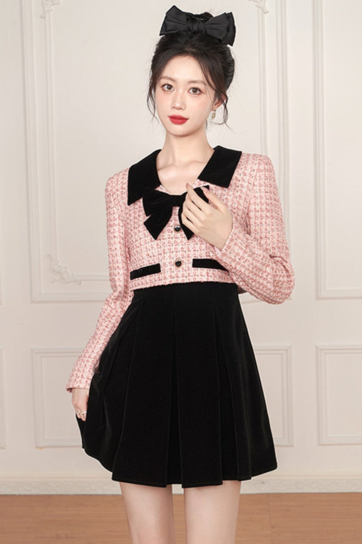 Pink Bow Layered-Look Tweed Dress