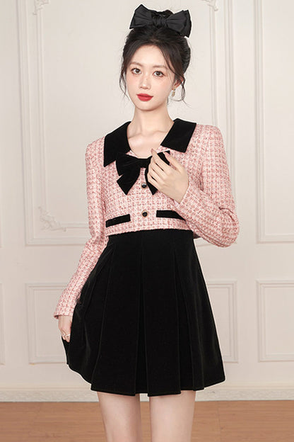 Pink Bow Layered-Look Tweed Dress