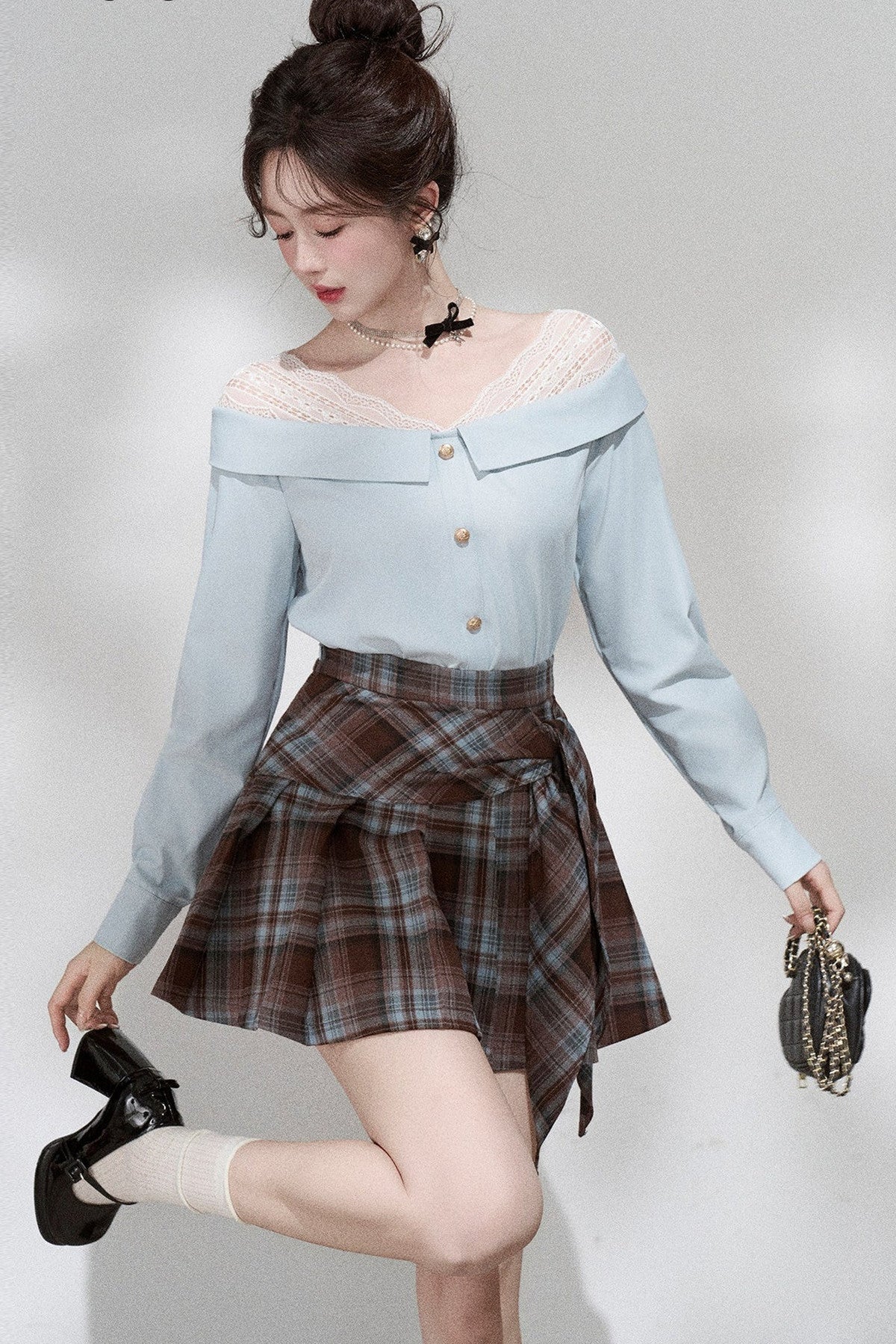 Blue Off-Shoulder Lace Blouse and Skirt Set-Up