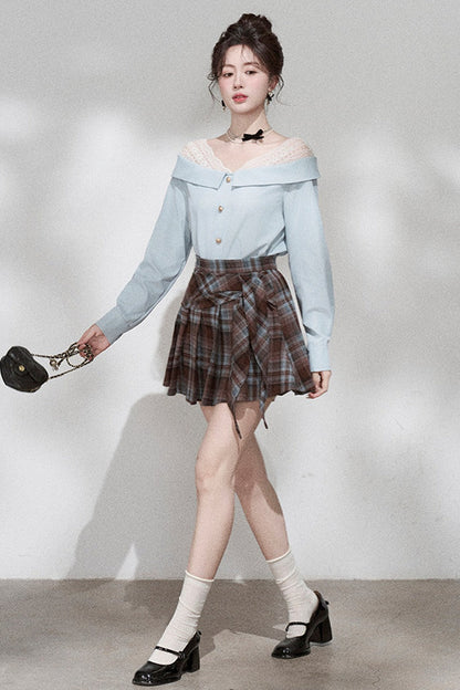 Blue Off-Shoulder Lace Blouse and Skirt Set-Up