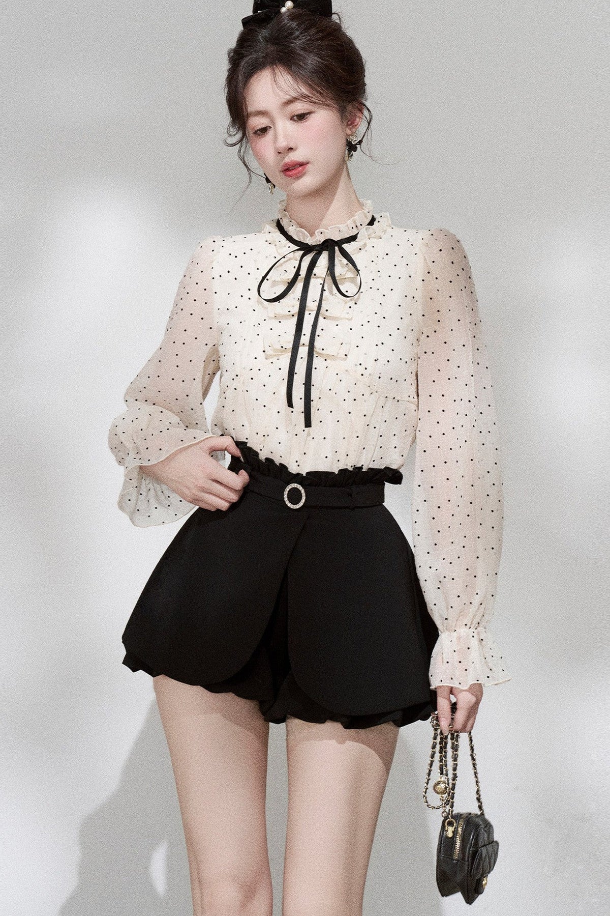 Polka Dot Chiffon Blouse and Skirt Set-Up
