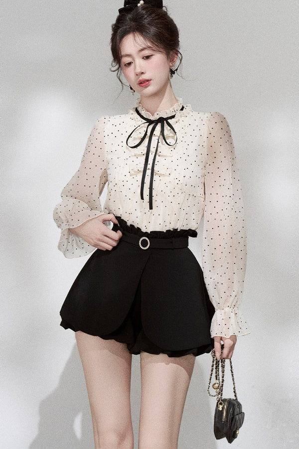 Polka Dot Chiffon Blouse and Skirt Set-Up