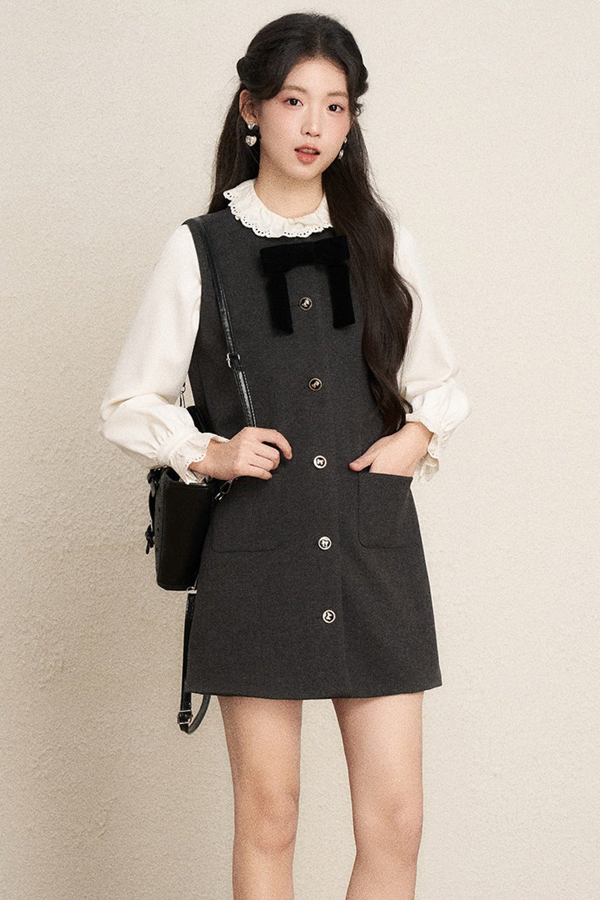 Ruffled Blouse and Vest Dress Set-Up
