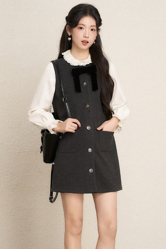 Ruffled Blouse and Vest Dress Set-Up