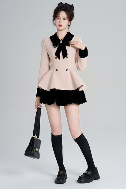 Pink Woolen Coat and Black Skirt Set-Up