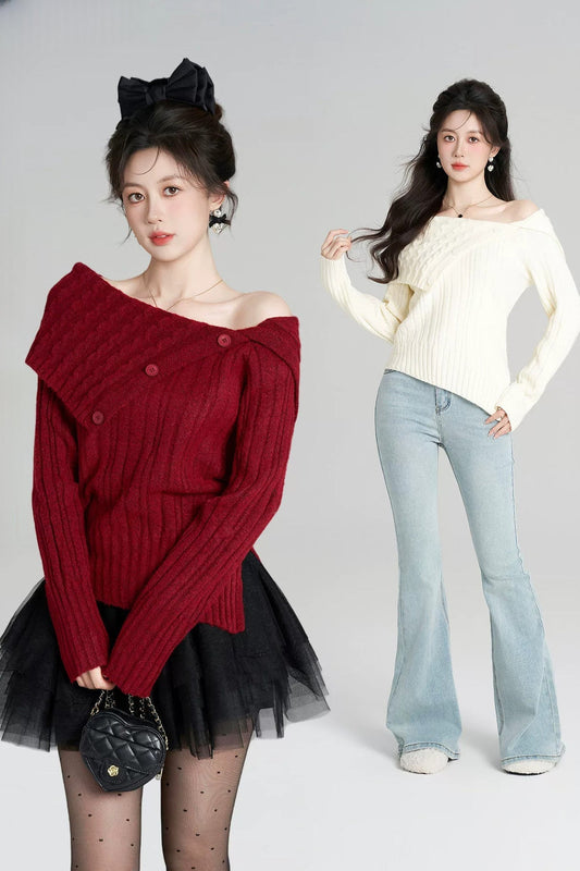Off-Shoulder Knit Top and Skirt Set-Up