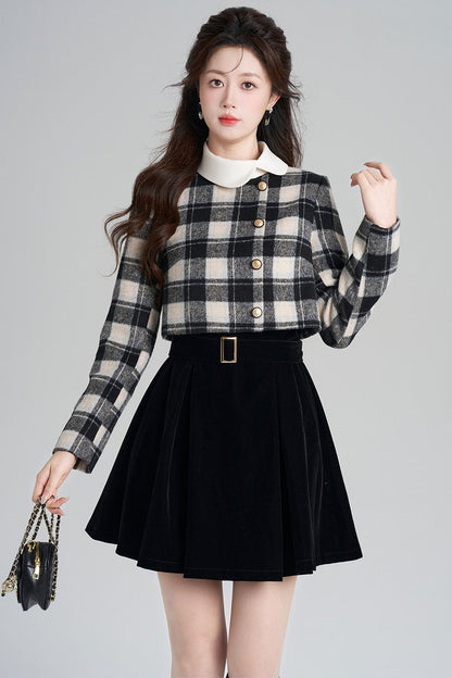 Layered-Look Plaid Velvet A-Line Dress