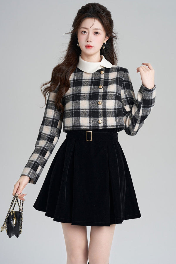 Layered-Look Plaid Velvet A-Line Dress