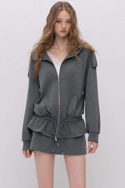 Silhouette Drawstring Hoodie and Studded Skirt Set-Up