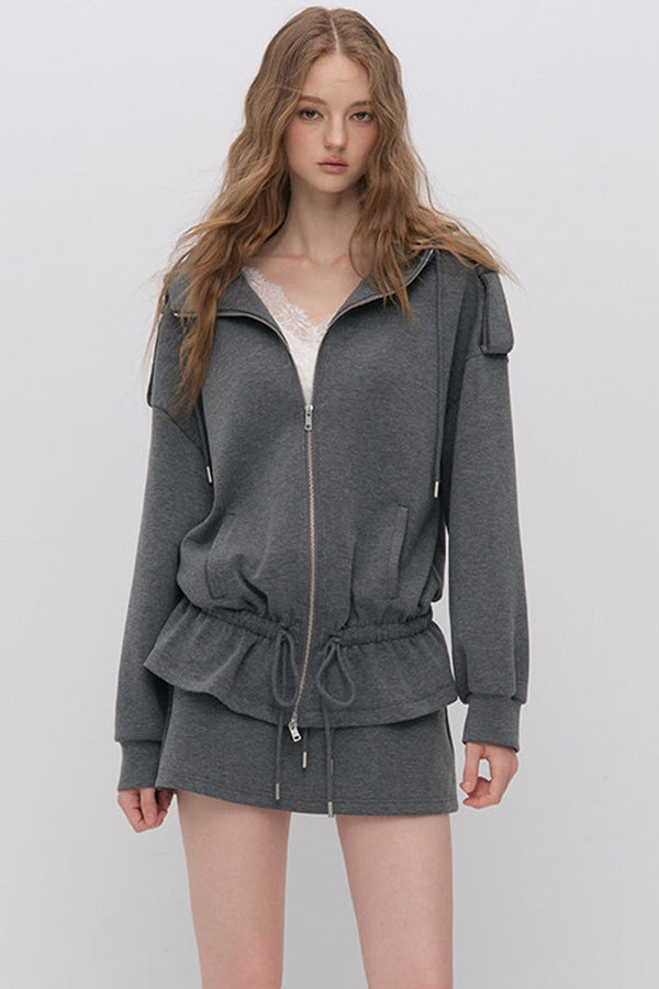 Silhouette Drawstring Hoodie and Studded Skirt Set-Up