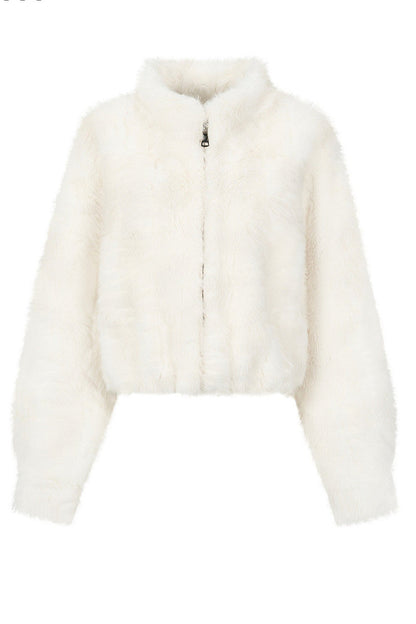 Stand Collar Faux Fur Jacket