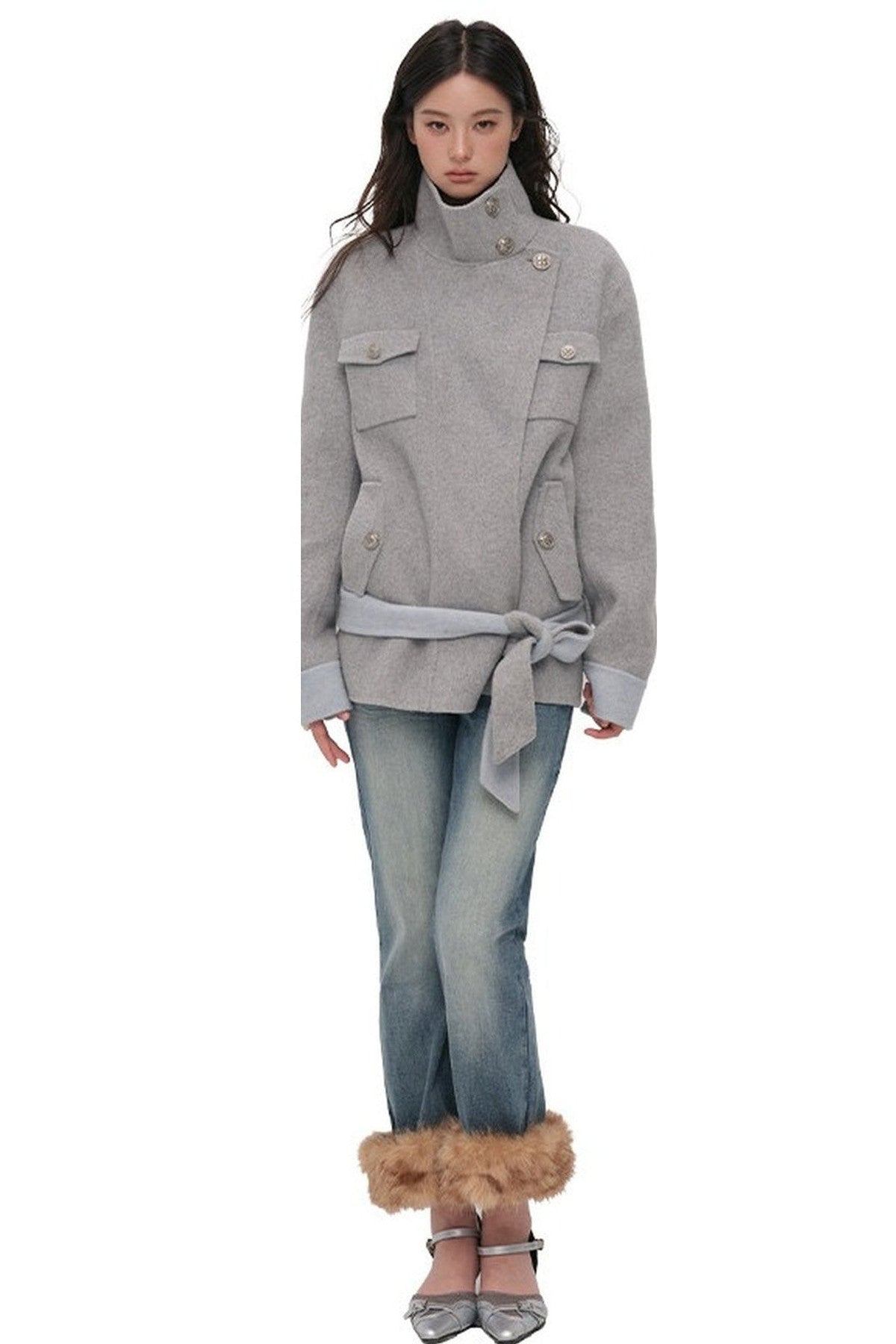Belted Stand Collar Wool Coat