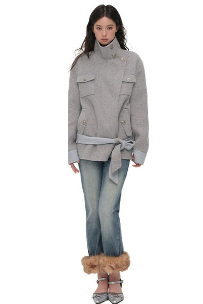 Belted Stand Collar Wool Coat
