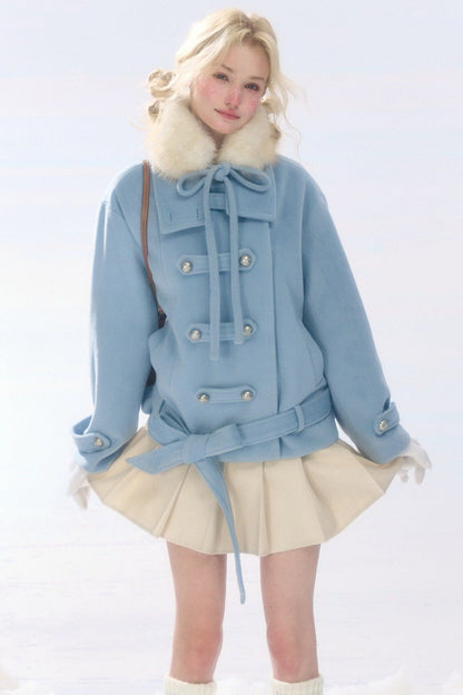 Light Blue Plush Stand Collar Coat