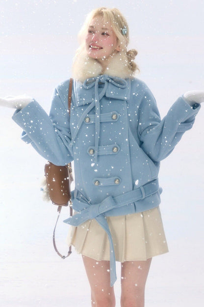 Light Blue Plush Stand Collar Coat