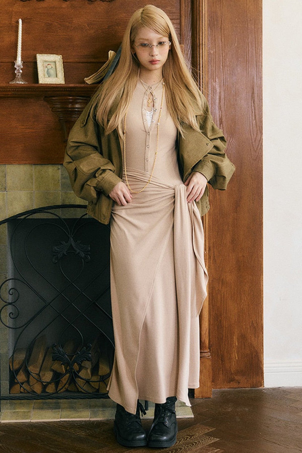Henley Collar Tie Long Sleeve Dress