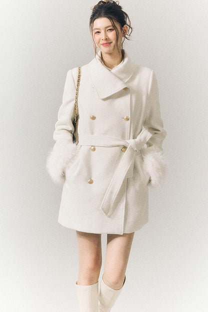 White Wool Detachable Fur Sleeve Coat