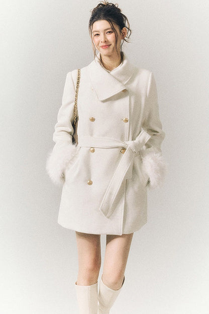 White Wool Detachable Fur Sleeve Coat