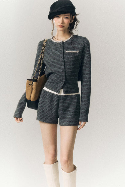 Beaded Lace-Up Wool Knit Top and Shorts and Cardigan Set-Up