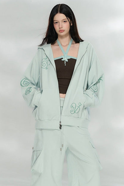 Waffle Knit Print Sweatshirt and Pants Set-Up